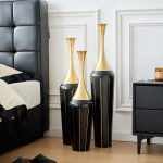 3-Piece Modern Floor Vase Set, Handcrafted Metal, 27.56" 31.5" 35.43" Tall, Black & Gold Decorative Vases for Entryway, Living Room, Home Decor, Not Waterproof