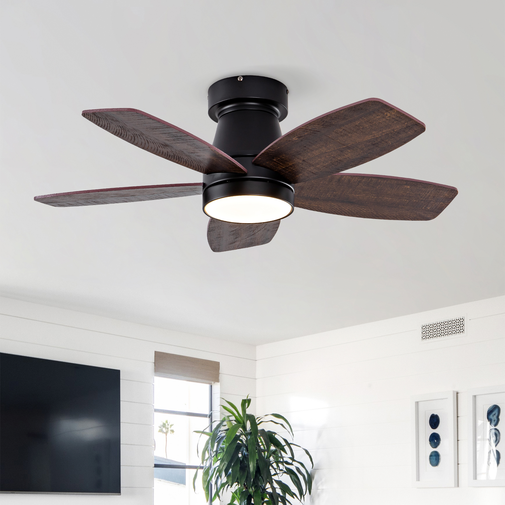 32-5026_01 Ceiling Fans with Lights and Remote, 32 Inch Low Profile Ceiling Fan with Light, Flush Mount, Reversible, 3CCT, Dimmable Black Modern Ceiling Fan for Bedroom, Living Room, Outdoor Patio - Image 1