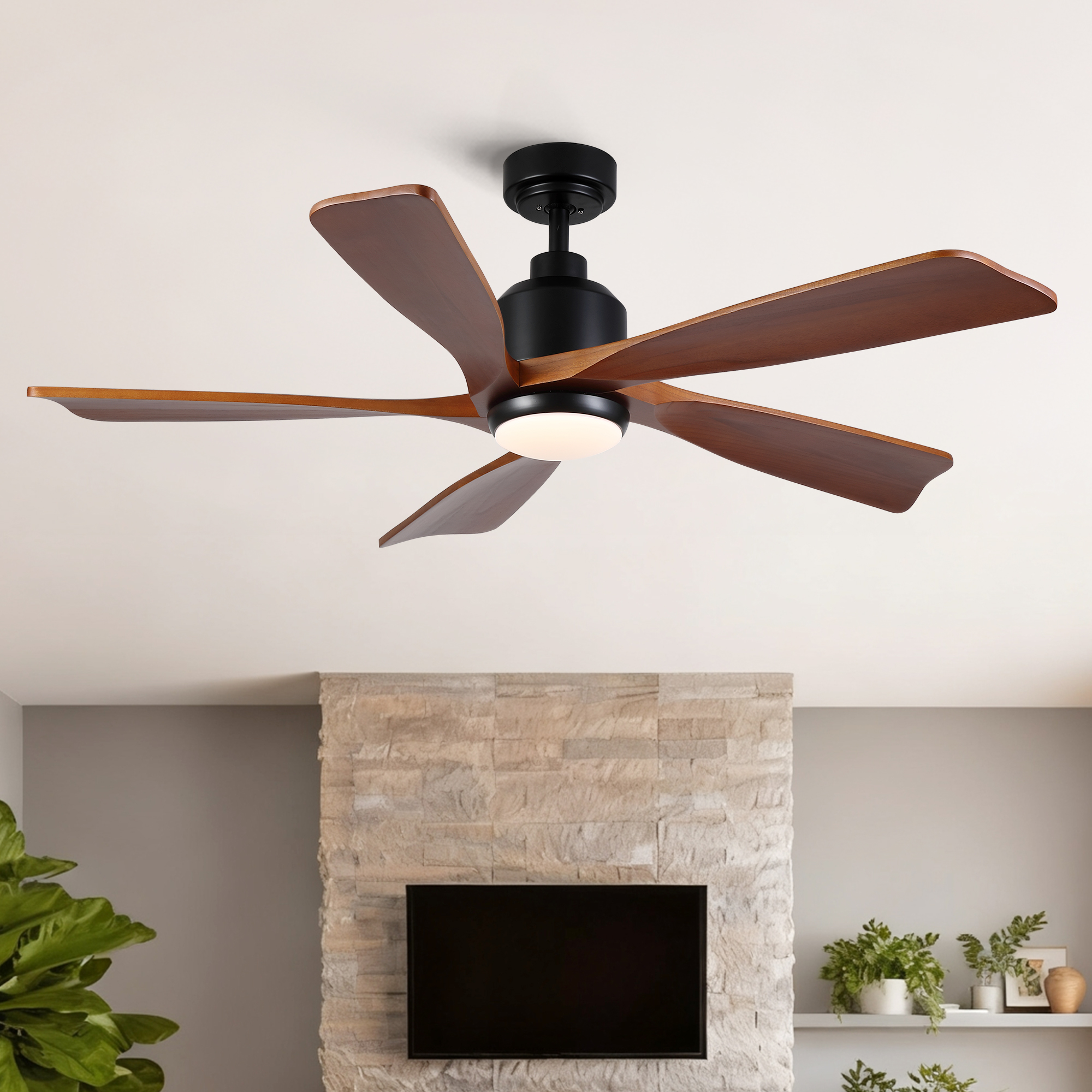 52-1214BK-5_1 52 inch Modern Farmhouse Solid Wood Black Ceiling Fan with Light, Quiet DC Motor - Image 1