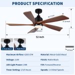 52 inch Modern Farmhouse Solid Wood Black Ceiling Fan with Light, Quiet DC Motor - Image 7
