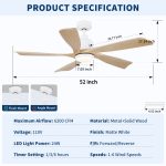 52 inch Natural Style Cozy Solid Wood White Ceiling Fan with Light,Quiet DC Motor - Image 7