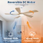 52 inch Natural Style Cozy Solid Wood White Ceiling Fan with Light,Quiet DC Motor - Image 8