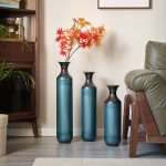 Torch-Fired Metal Vases Set of 3, Tall Blue Burnt Finish Floor Vases for Home Decor, 28.34 24.4 20.4 Inch Rustic Flower Vases for Farmhouse Living Room