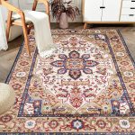 Area Rug 6x9 Vintage Bohemia Large Persian Non-slip Washable Rug For Living Room Kitchen Bedroom Living Room Flower Design Blue/Gold - Image 2
