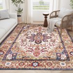 Area Rug 6x9 Vintage Bohemia Large Persian Non-slip Washable Rug For Living Room Kitchen Bedroom Living Room Flower Design Blue/Gold - Image 6